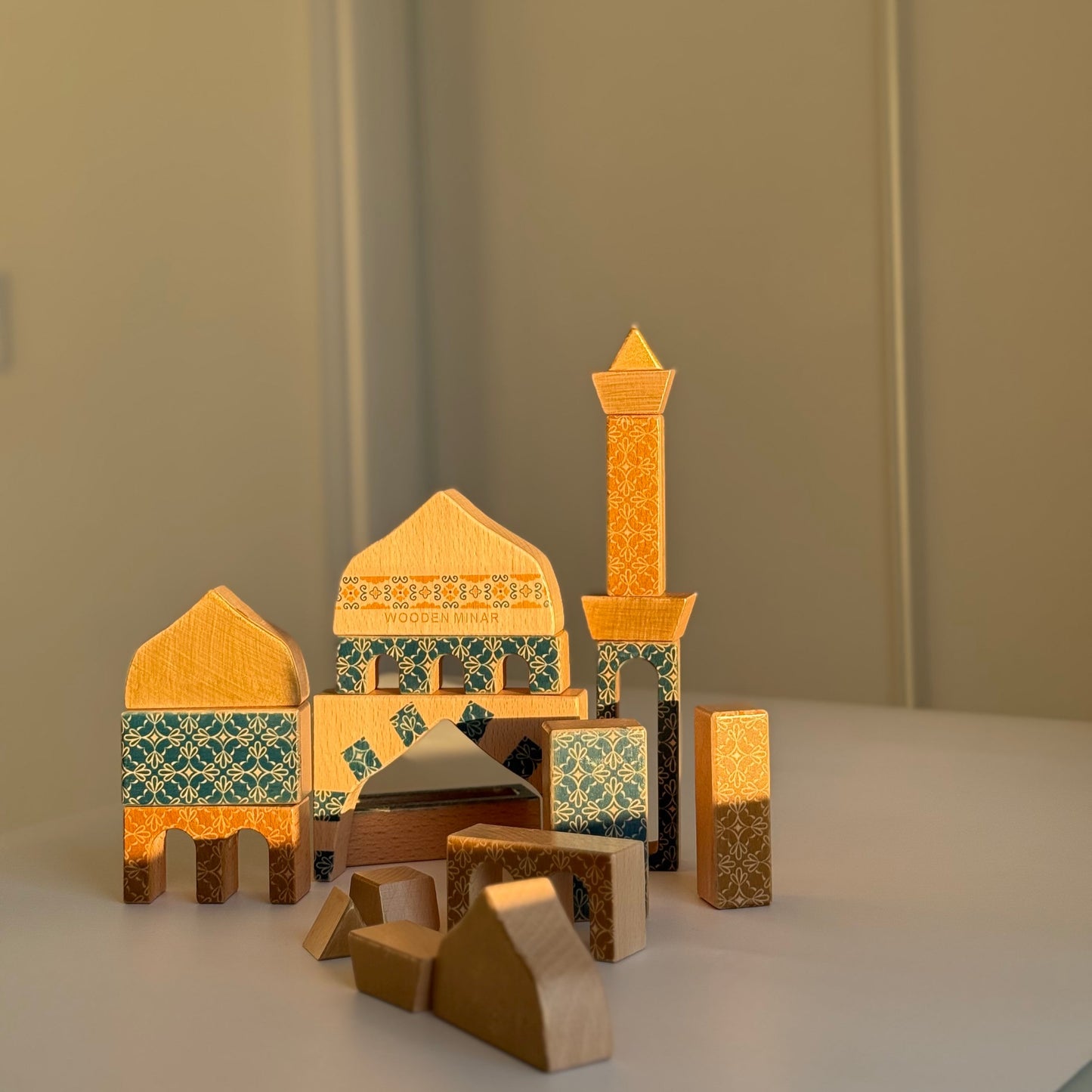 Royal Blue Patterned Masjid Wooden Block Set | 21 Pieces