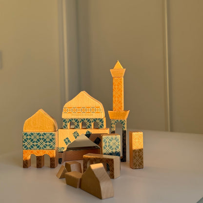 Royal Blue Patterned Masjid Wooden Block Set | 21 Pieces