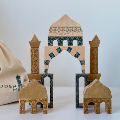 Royal Blue Patterned Masjid Wooden Block Set | 21 Pieces