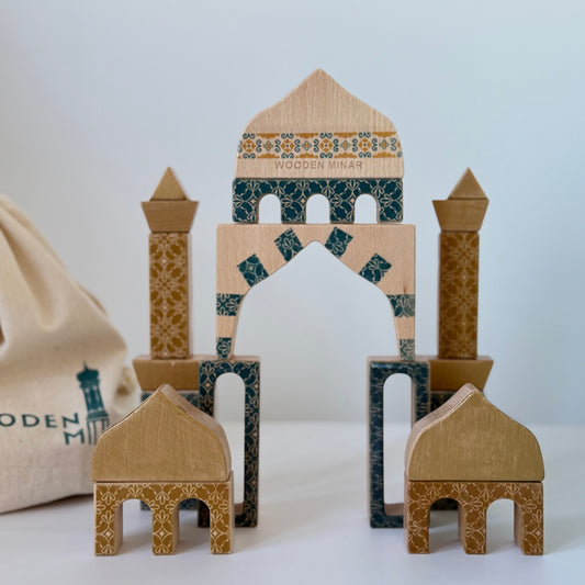 Royal Blue Patterned Masjid Wooden Block Set | 21 Pieces